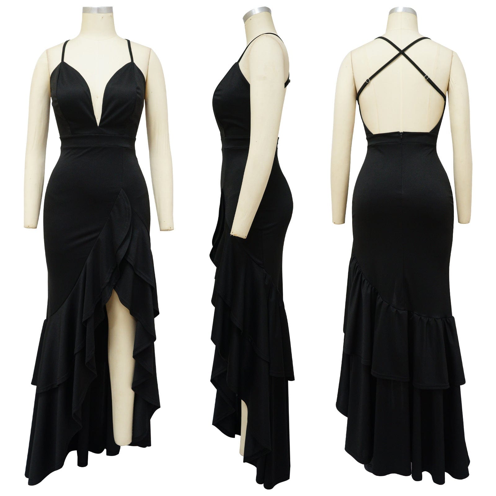 K10234 summer 2023 sexy V-Neck Ruffle sling Dress solid Irregular hem prom elegant party backless maxi dress