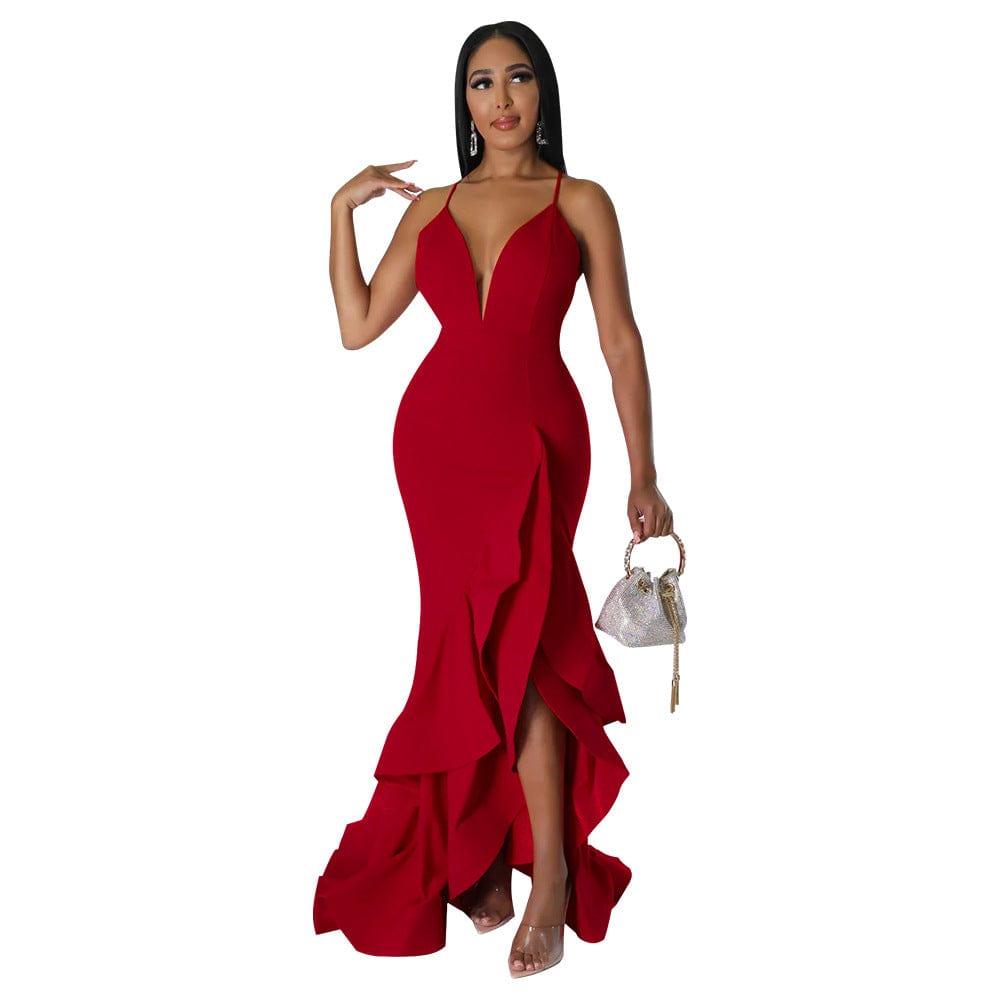 K10234 summer 2023 sexy V-Neck Ruffle sling Dress solid Irregular hem prom elegant party backless maxi dress