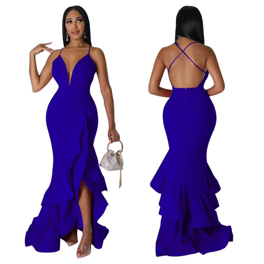 K10234 summer 2023 sexy V-Neck Ruffle sling Dress solid Irregular hem prom elegant party backless maxi dress