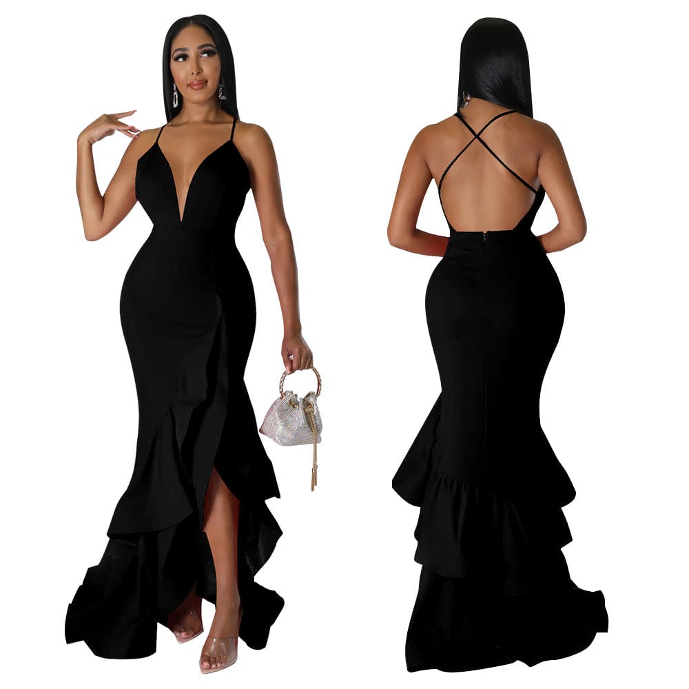K10234 summer 2023 sexy V-Neck Ruffle sling Dress solid Irregular hem prom elegant party backless maxi dress