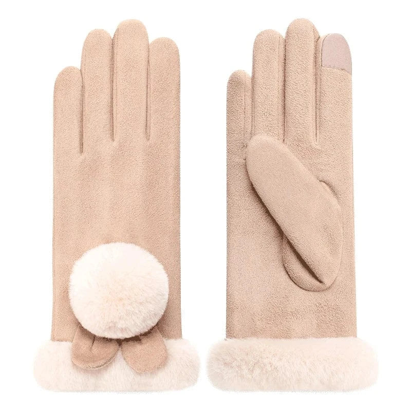 Kahaki Cheap lovely ball warm winter lady suede fabric fancy girls gloves touch screen