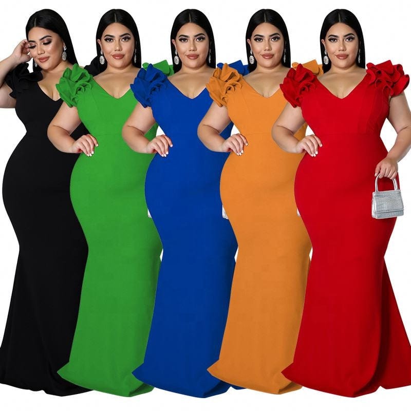 kc 2022 Summer New Plus Size Women Mermaid Dresses Ruffle Sleeve V Neck Slim Backless Maxi Dress Ladies Party Evening Dresses