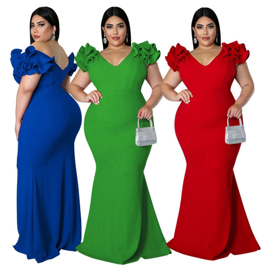 kc 2022 Summer New Plus Size Women Mermaid Dresses Ruffle Sleeve V Neck Slim Backless Maxi Dress Ladies Party Evening Dresses
