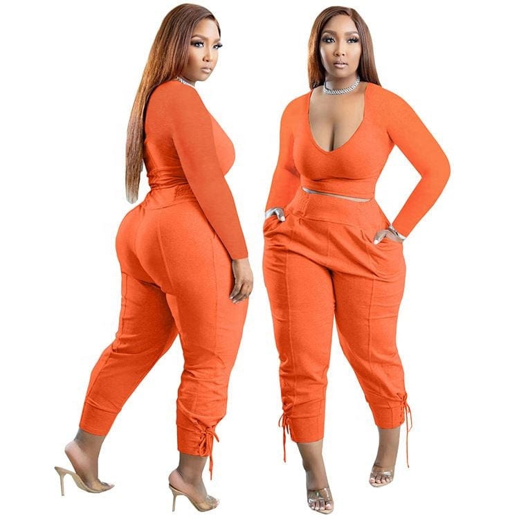 kc fall women clothes S-5XL casual long sleeve U neck top and joggers 2 piece pants set fashion sweatsuit