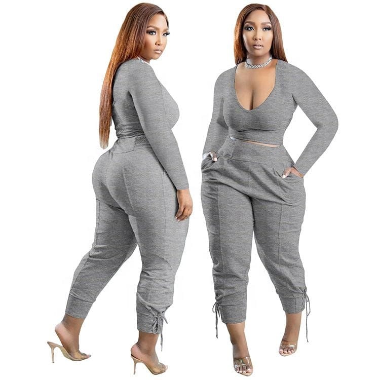 kc fall women clothes S-5XL casual long sleeve U neck top and joggers 2 piece pants set fashion sweatsuit