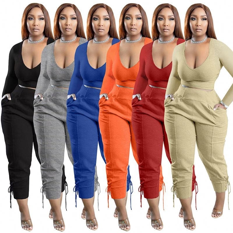 kc fall women clothes S-5XL casual long sleeve U neck top and joggers 2 piece pants set fashion sweatsuit