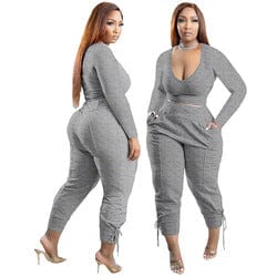 kc fall women clothes S-5XL casual long sleeve U neck top and joggers 2 piece pants set fashion sweatsuit