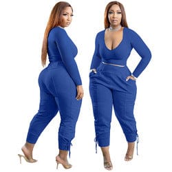 kc fall women clothes S-5XL casual long sleeve U neck top and joggers 2 piece pants set fashion sweatsuit