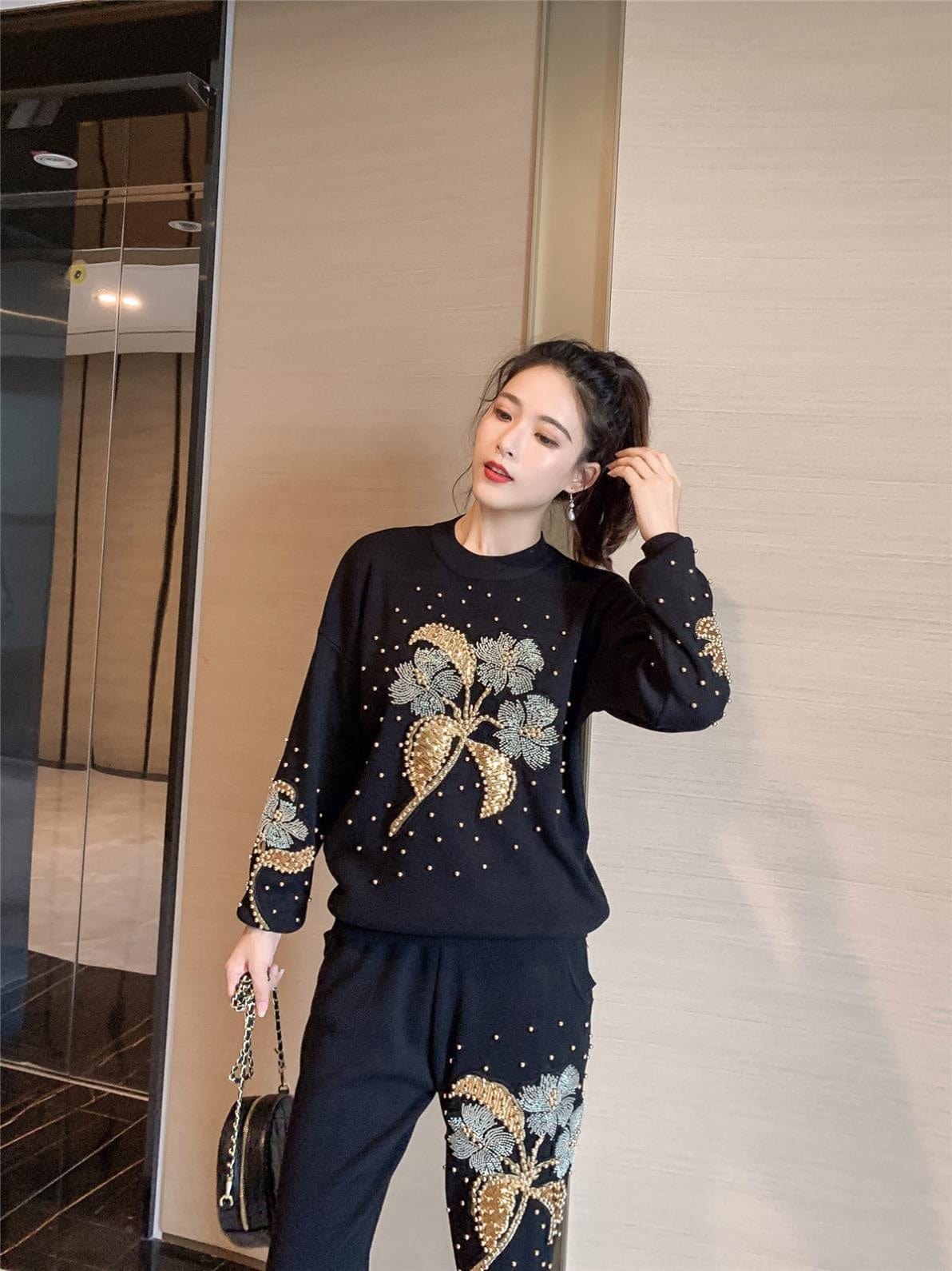 kc Fashion Autumn Two Piece Set Women Pullover Sweater+Little feet Pants Casual Beading Flowers tracksuits women set 2 piece set