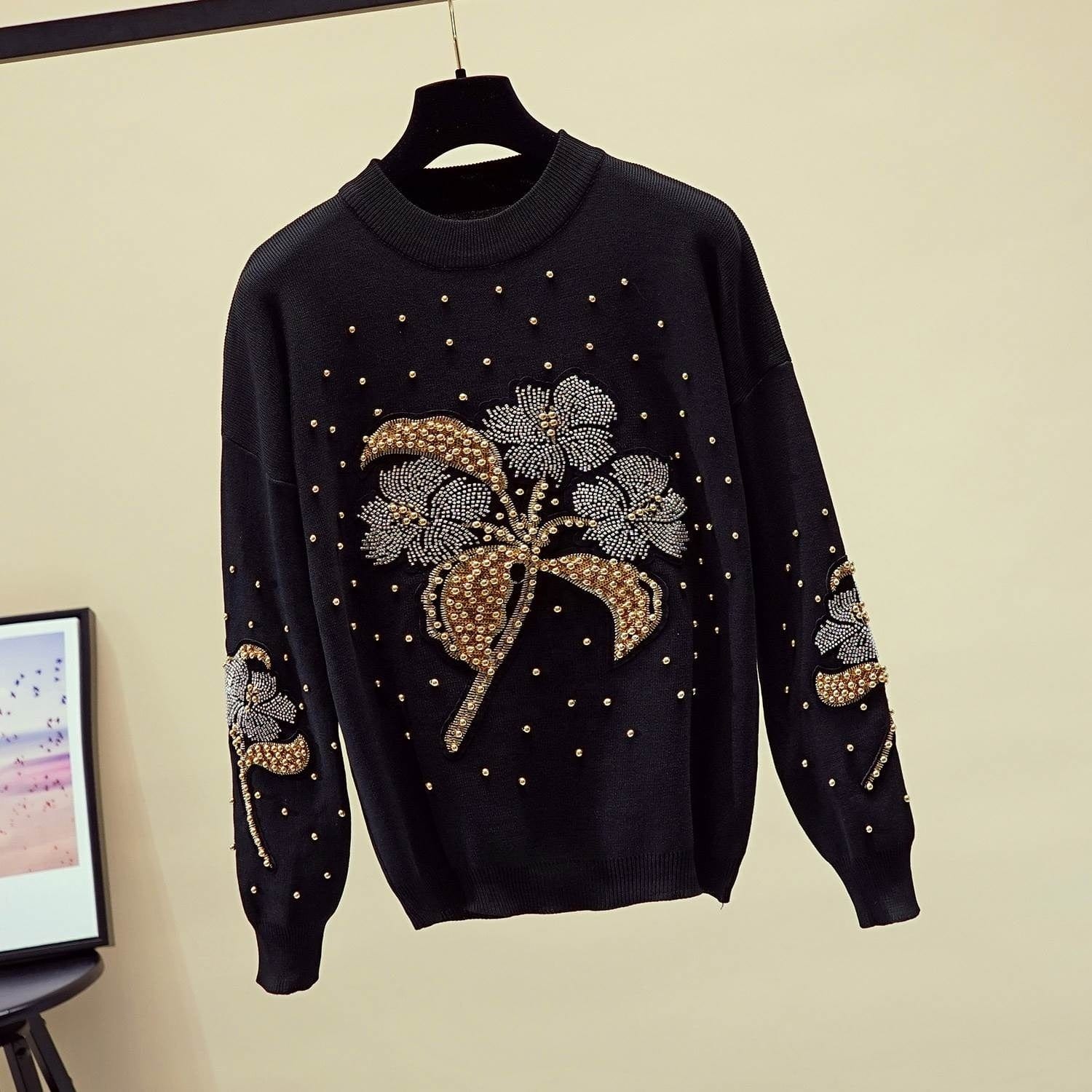 kc Fashion Autumn Two Piece Set Women Pullover Sweater+Little feet Pants Casual Beading Flowers tracksuits women set 2 piece set