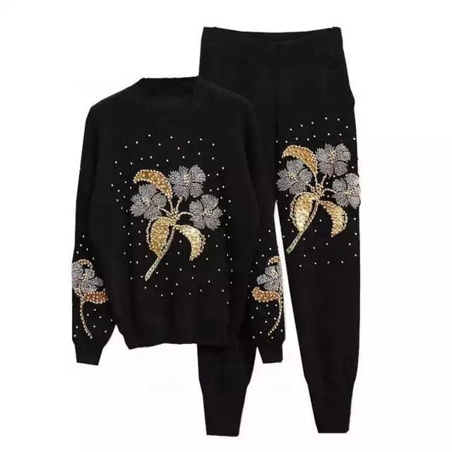 kc Fashion Autumn Two Piece Set Women Pullover Sweater+Little feet Pants Casual Beading Flowers tracksuits women set 2 piece set