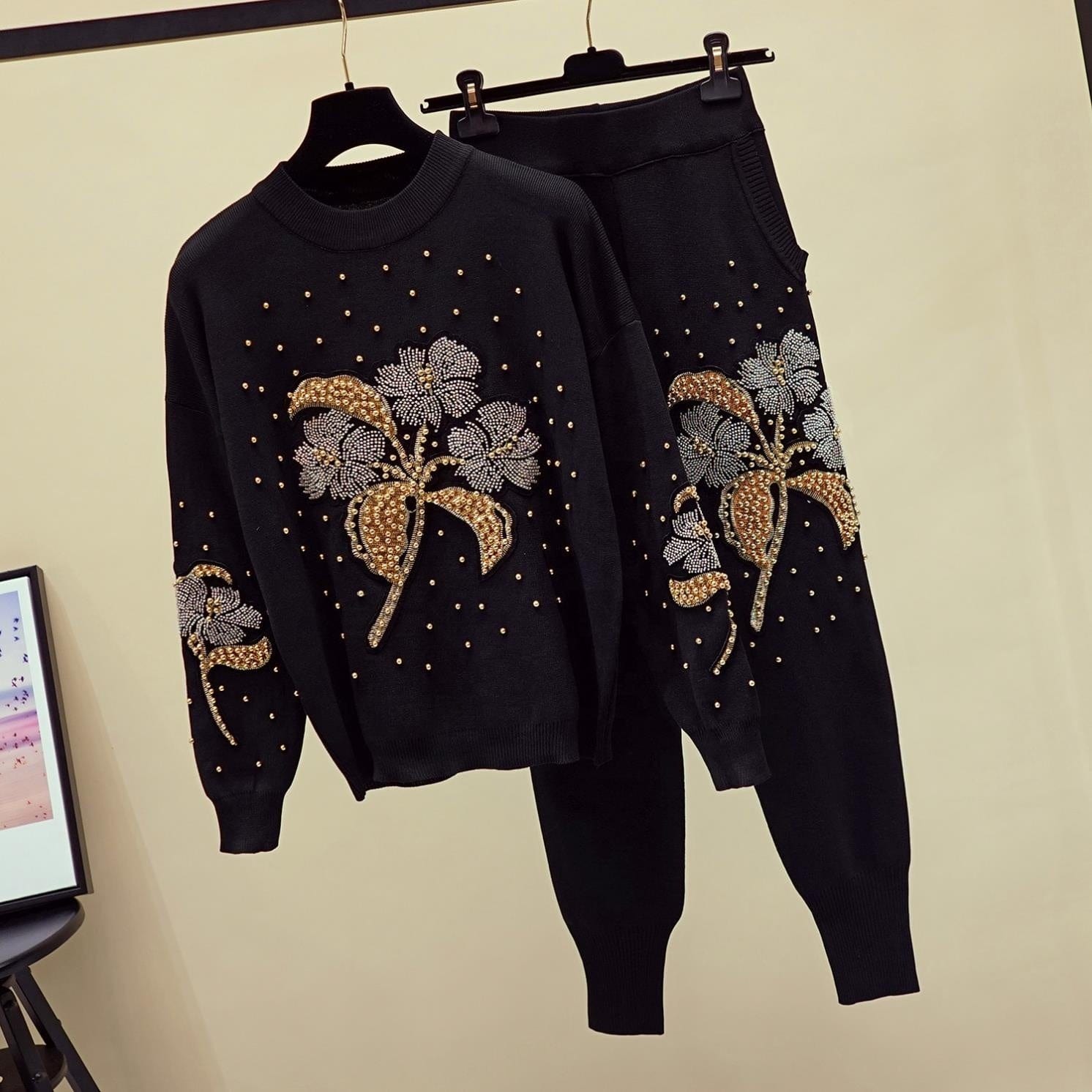 kc Fashion Autumn Two Piece Set Women Pullover Sweater+Little feet Pants Casual Beading Flowers tracksuits women set 2 piece set
