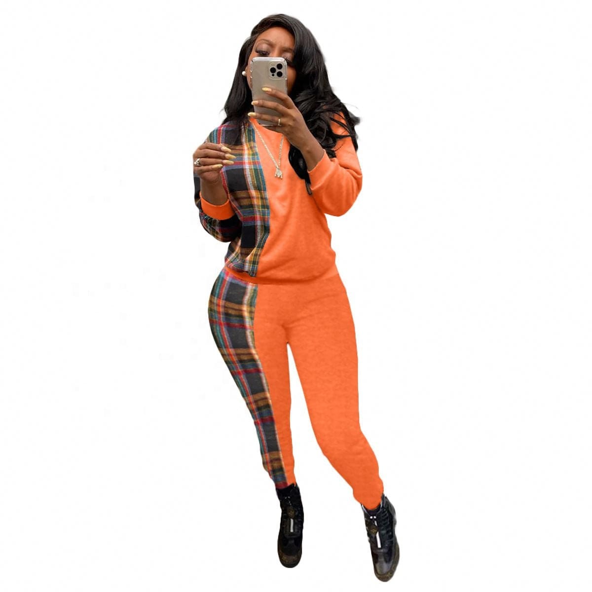 KC Fashion casual Plaid printed sweater two-piece set women