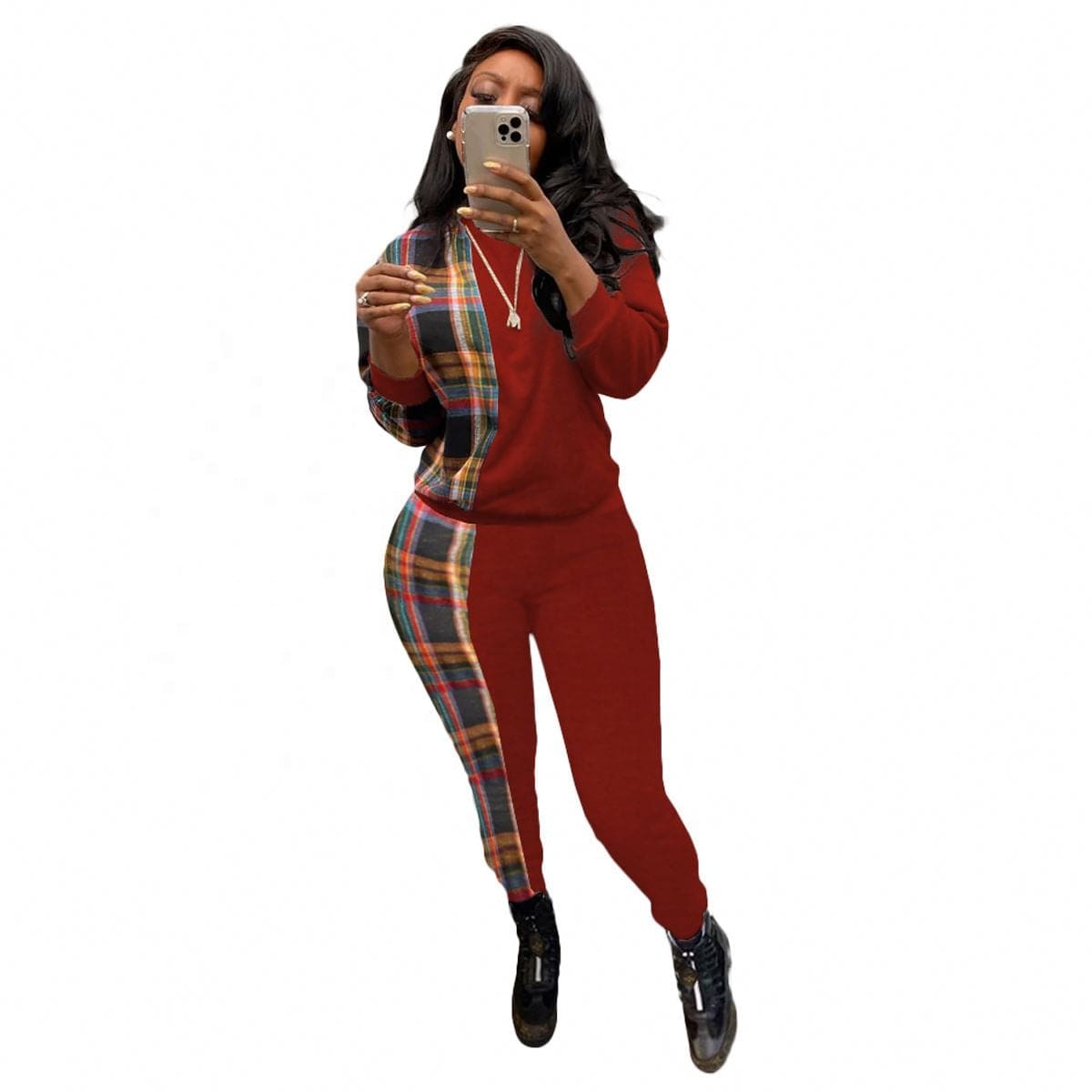 KC Fashion casual Plaid printed sweater two-piece set women