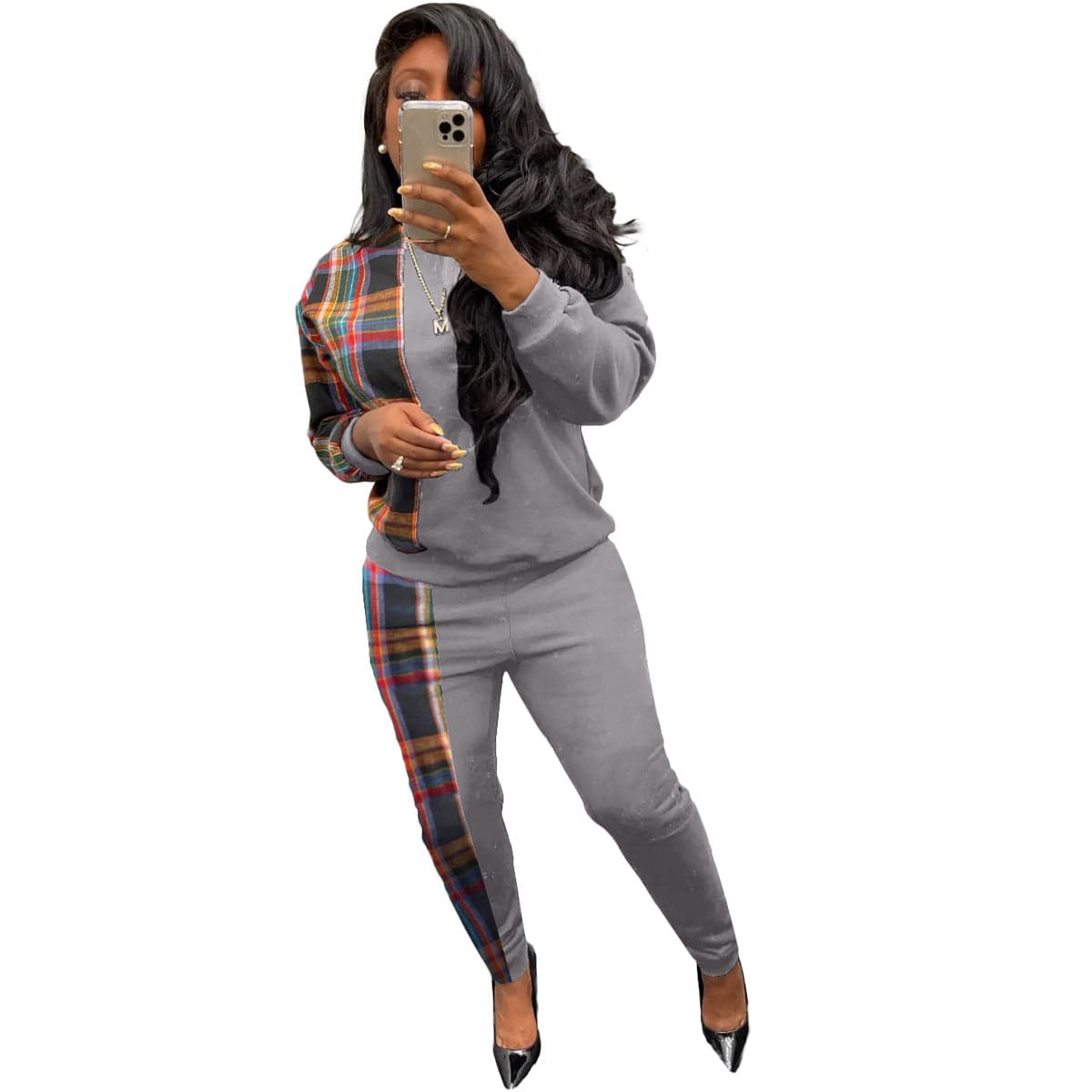 KC Fashion casual Plaid printed sweater two-piece set women
