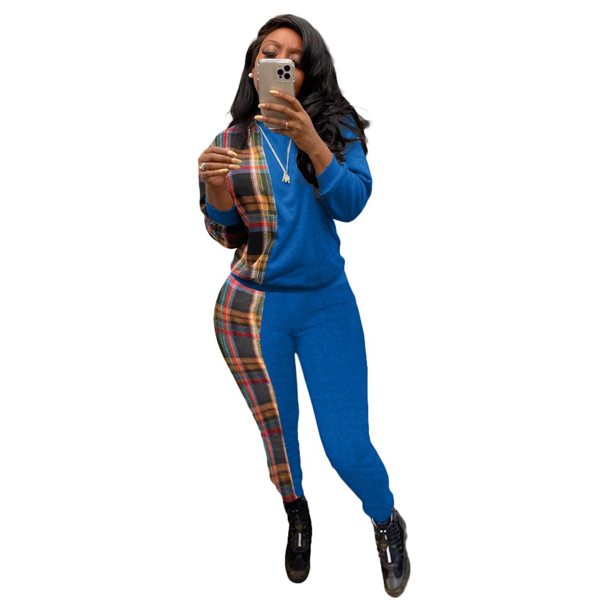 KC Fashion casual Plaid printed sweater two-piece set women