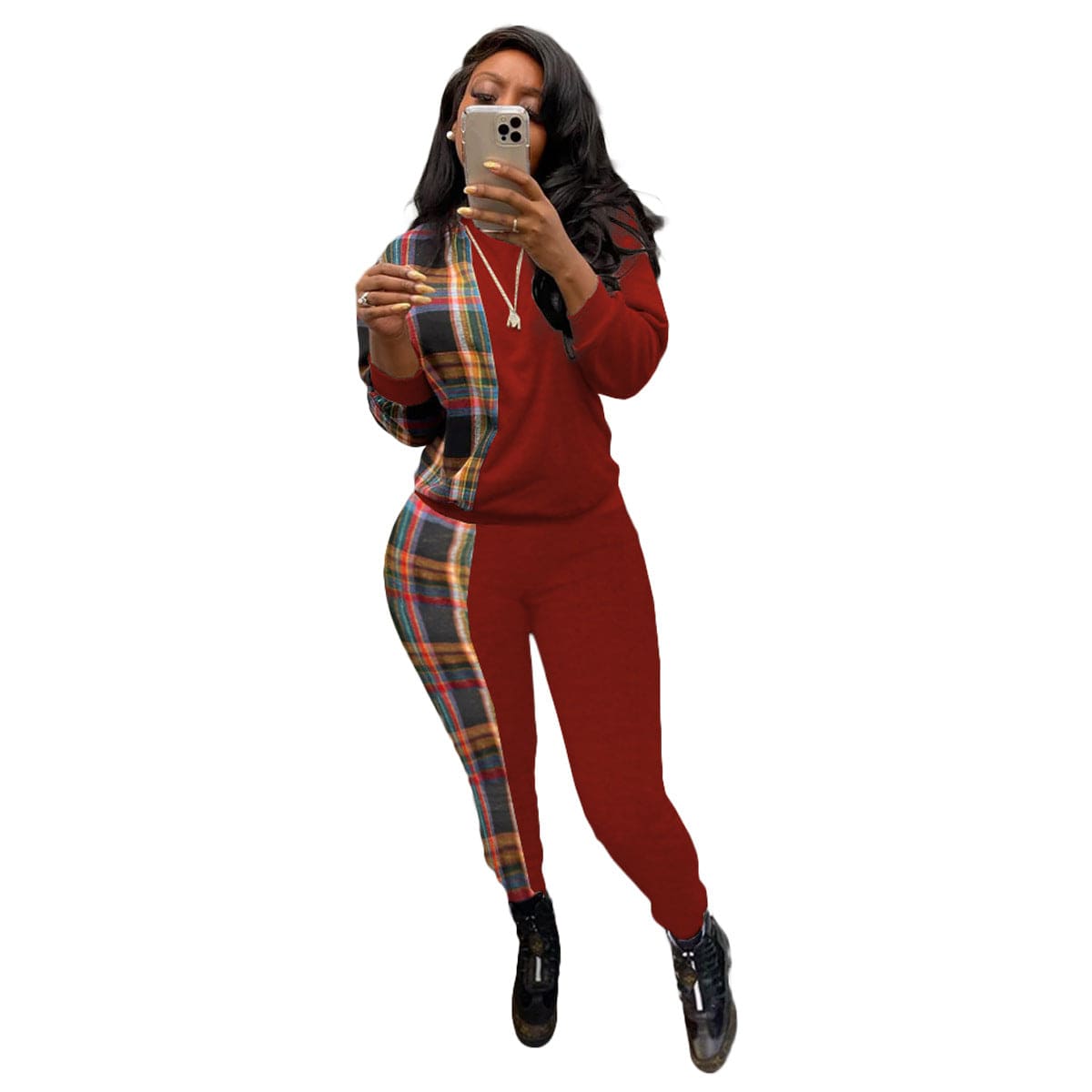 KC Fashion casual Plaid printed sweater two-piece set women