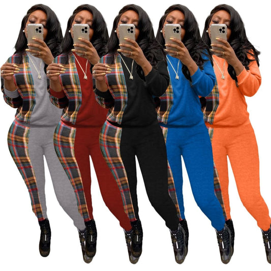 KC Fashion casual Plaid printed sweater two-piece set women