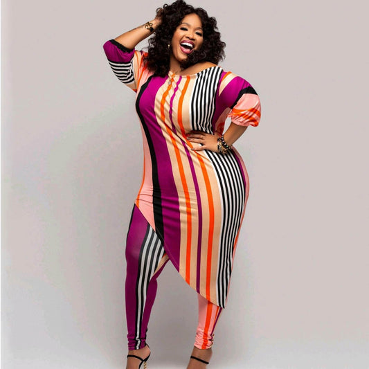 kc Hot plus size casual fashion printed striped suit women