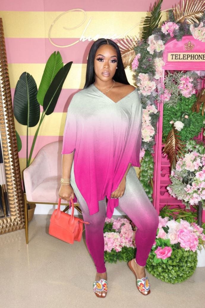 KC S to 4XL women  plus size V neck  slit gradient color two piece set