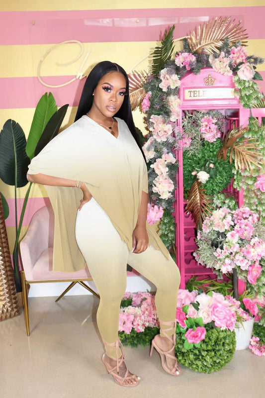 KC S to 4XL women  plus size V neck  slit gradient color two piece set