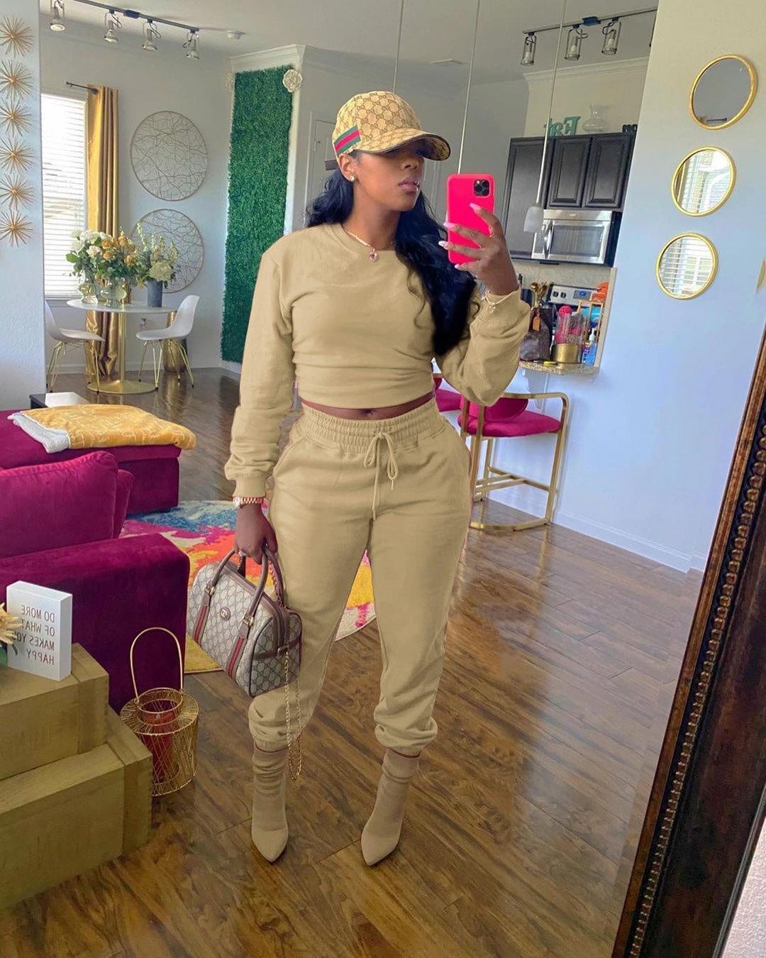 kc Solid color cardigan tie long sleeve women's two-piece set