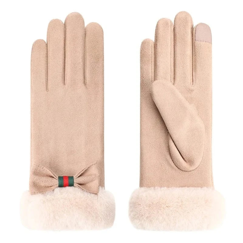 Khaki Cheap fleece lining touch screen women winter soft elegant outdoor gloves