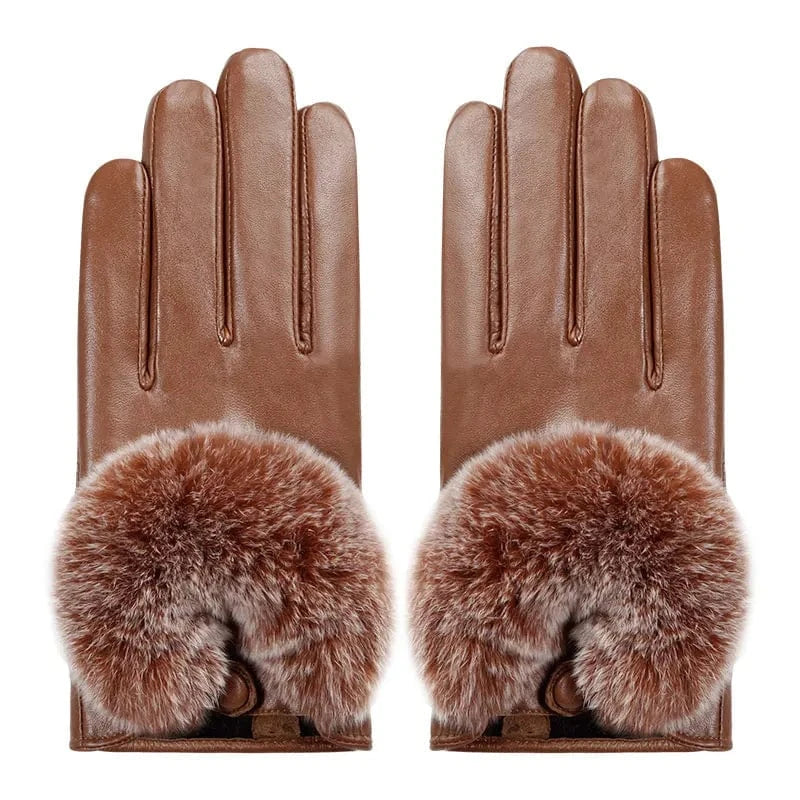 Khaki Custom design texting winter women real leather rex rabbit fur gloves