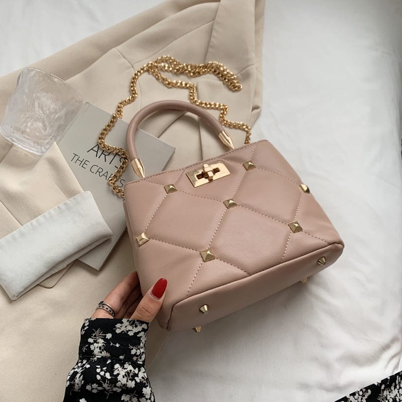 Khaki Elegance Chain Strap Shoulder Bags Stud Rivet Luxury Crossbody Purses for Women 2022 Handbag Trends