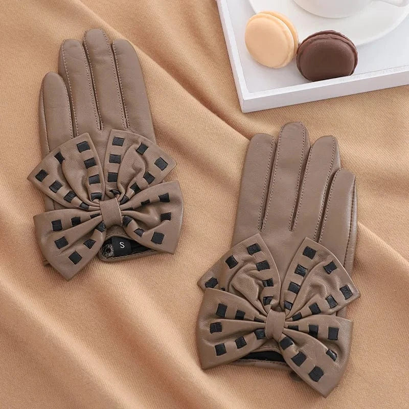 Khaki Fashion girls touchscreen bow leather yellow sheepskin gloves