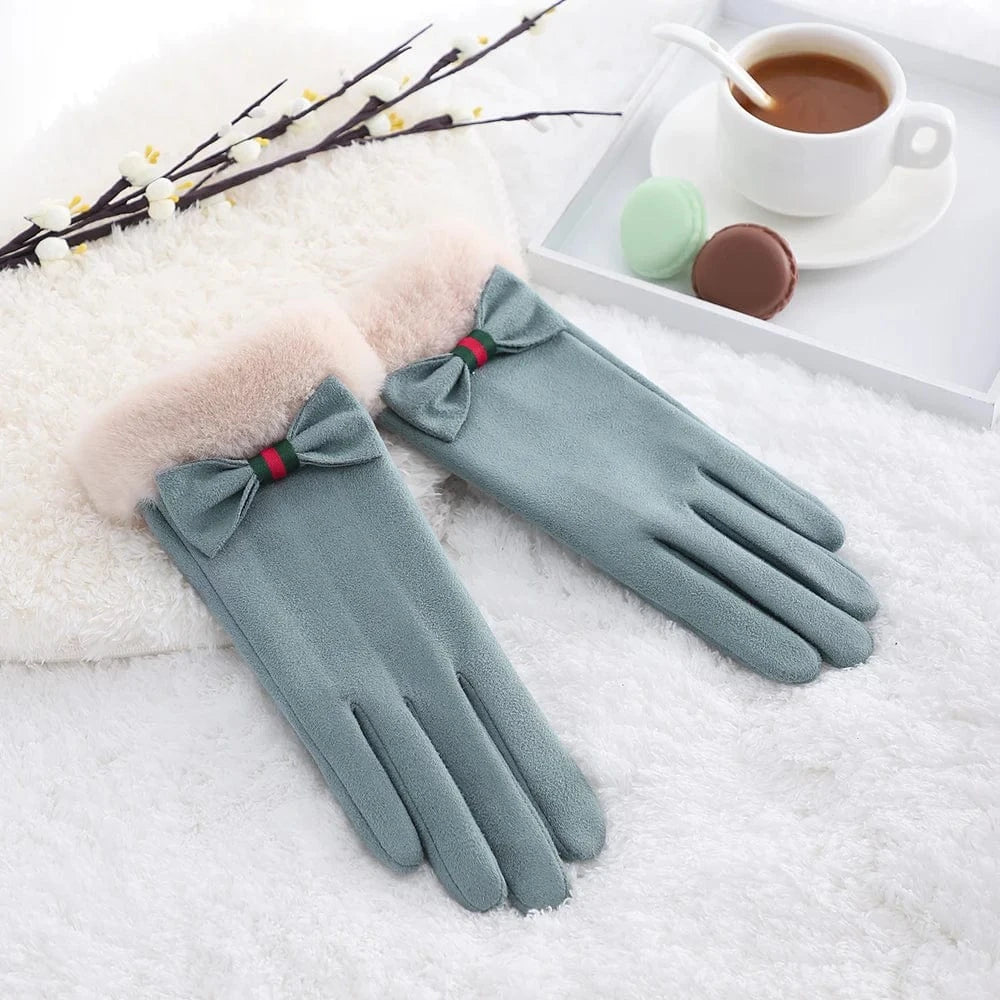 Khaki Outdoor cute bow comfortable lining winter windproof touch screen fashion gloves for women