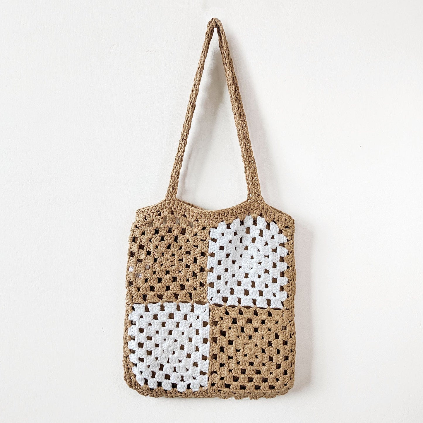 khaki+white Factory Supply Hand Made Crochet Color Block Shoulder Tote Bag Shopping Handbag