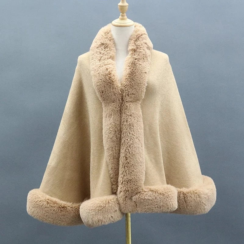 KHAKI Wholesale Black White Pink Beige Knitted Wool Cape Winter Fashion Warm Faux Fur Shawl