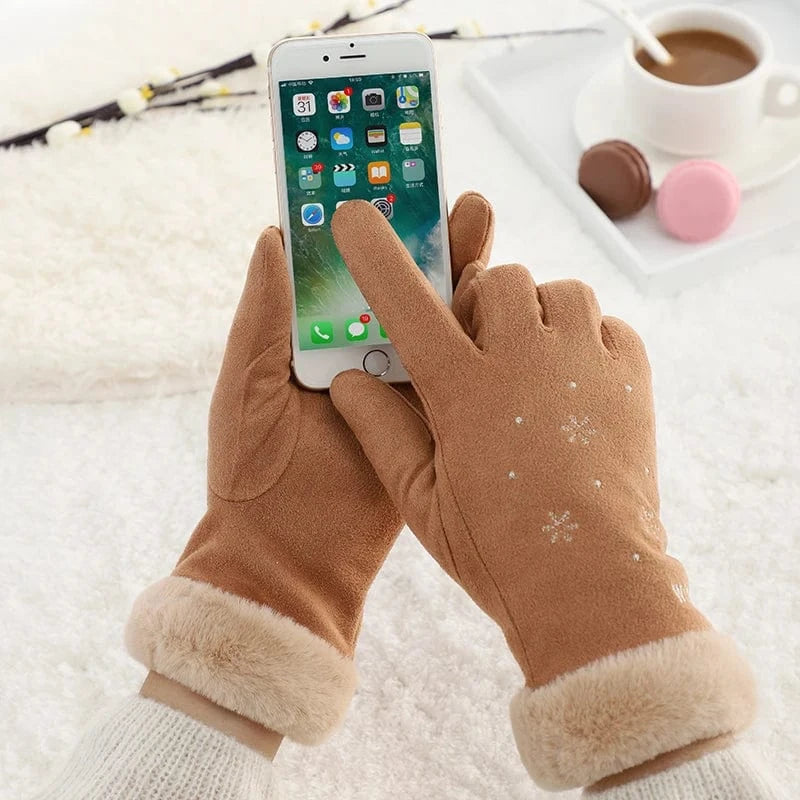 Khaki Wholesale cute phone touch fur cuff snowflake touch screen thermal women's winter gloves