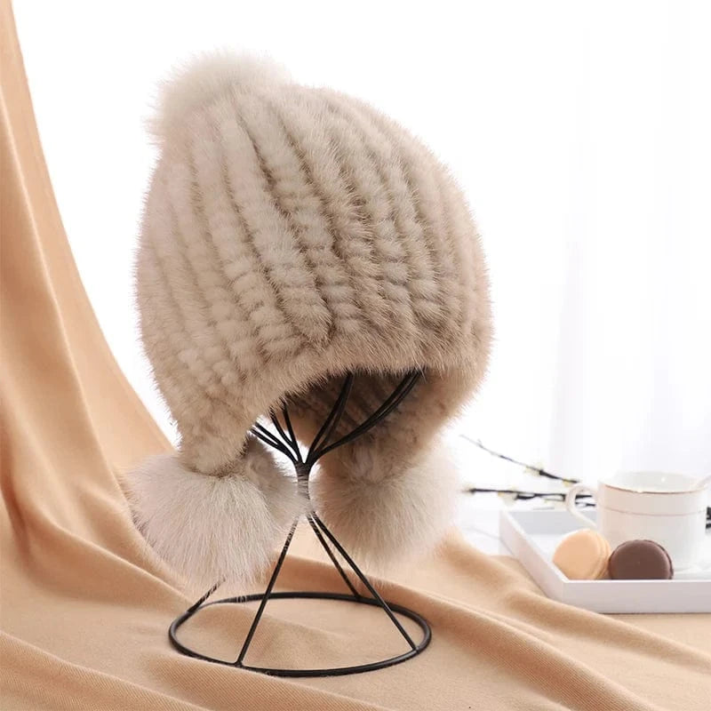 Khaki Winter fashion earflap pom ball women knitted mink fur hats