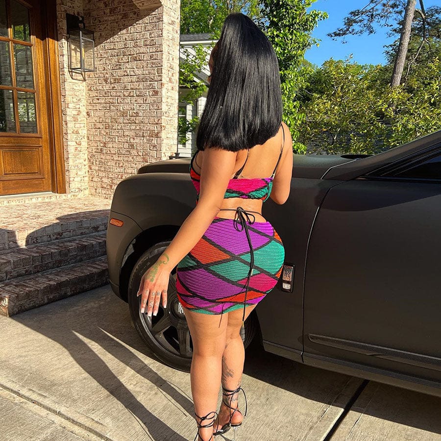 Kliou K22D15642 Summer Women's sexy casual mini dress Spaghetti Strap See Through Skinny Patchwork Mesh Multi-Color slim dress