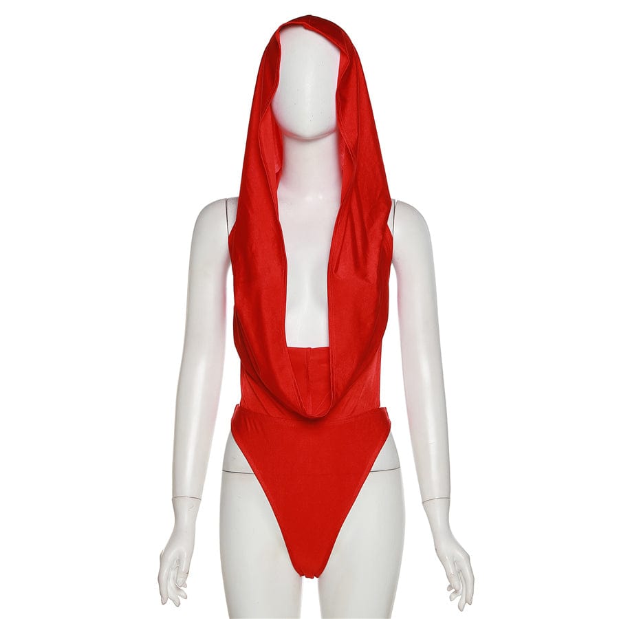 Kliou K22K24062 Sexy Deep V Neck Bodysuit Women Fashion Hooded Red Sleeveless Backless Skinny Bodysuits Ladies Party Wear
