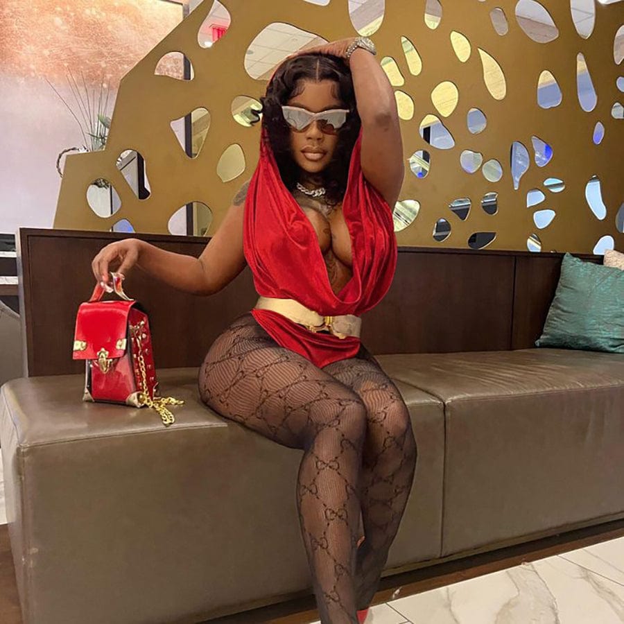 Kliou K22K24062 Sexy Deep V Neck Bodysuit Women Fashion Hooded Red Sleeveless Backless Skinny Bodysuits Ladies Party Wear