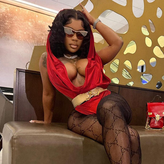 Kliou K22K24062 Sexy Deep V Neck Bodysuit Women Fashion Hooded Red Sleeveless Backless Skinny Bodysuits Ladies Party Wear