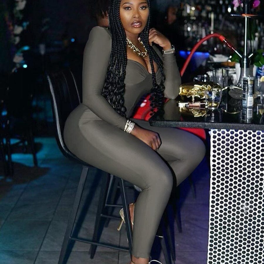 Kliou K22Q22942 Casual fashion street new women's jumpsuit Long Sleeve square collar solid color tight stretch bodycon jumpsuit