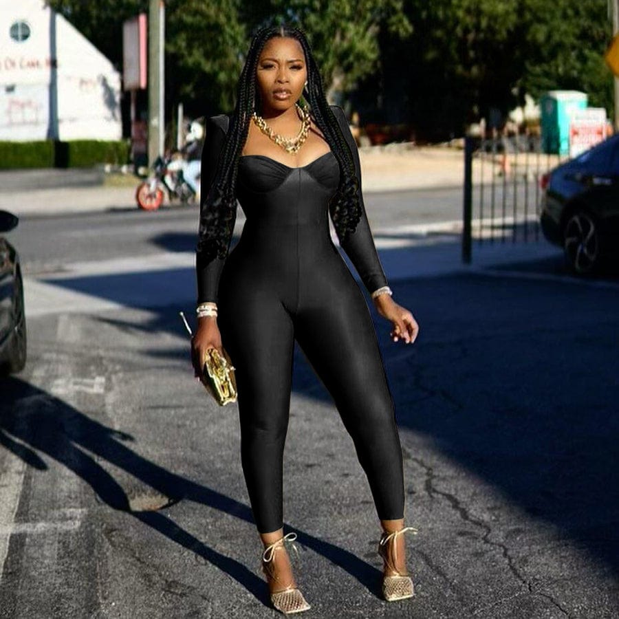 Kliou K22Q22942 Casual fashion street new women's jumpsuit Long Sleeve square collar solid color tight stretch bodycon jumpsuit