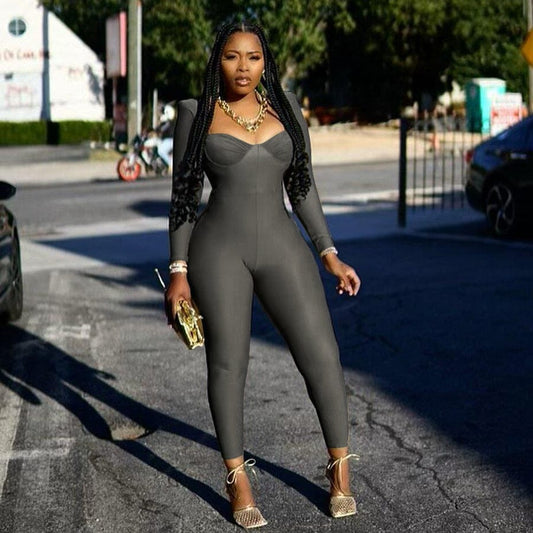 Kliou K22Q22942 Casual fashion street new women's jumpsuit Long Sleeve square collar solid color tight stretch bodycon jumpsuit