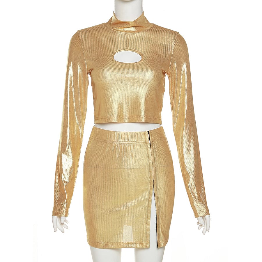 Kliou K22S22067 Hollow Out Slim T-shirts+Match Button High Waist Skirt Street Outfits Shiny Striped Two Piece Set Women