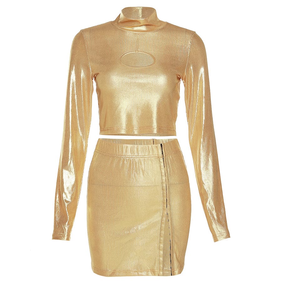 Kliou K22S22067 Hollow Out Slim T-shirts+Match Button High Waist Skirt Street Outfits Shiny Striped Two Piece Set Women