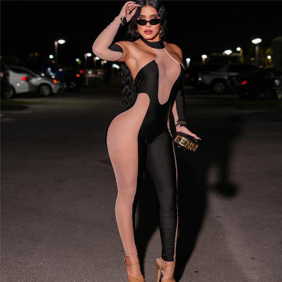 Kliou K22S23975 see through tight fit ladies jumpsuits removable sleeve bodycon sexy mesh jumpsuit