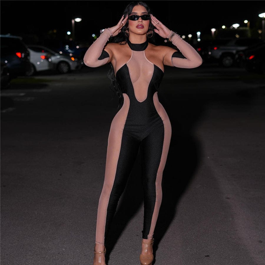 Kliou K22S23975 see through tight fit ladies jumpsuits removable sleeve bodycon sexy mesh jumpsuit