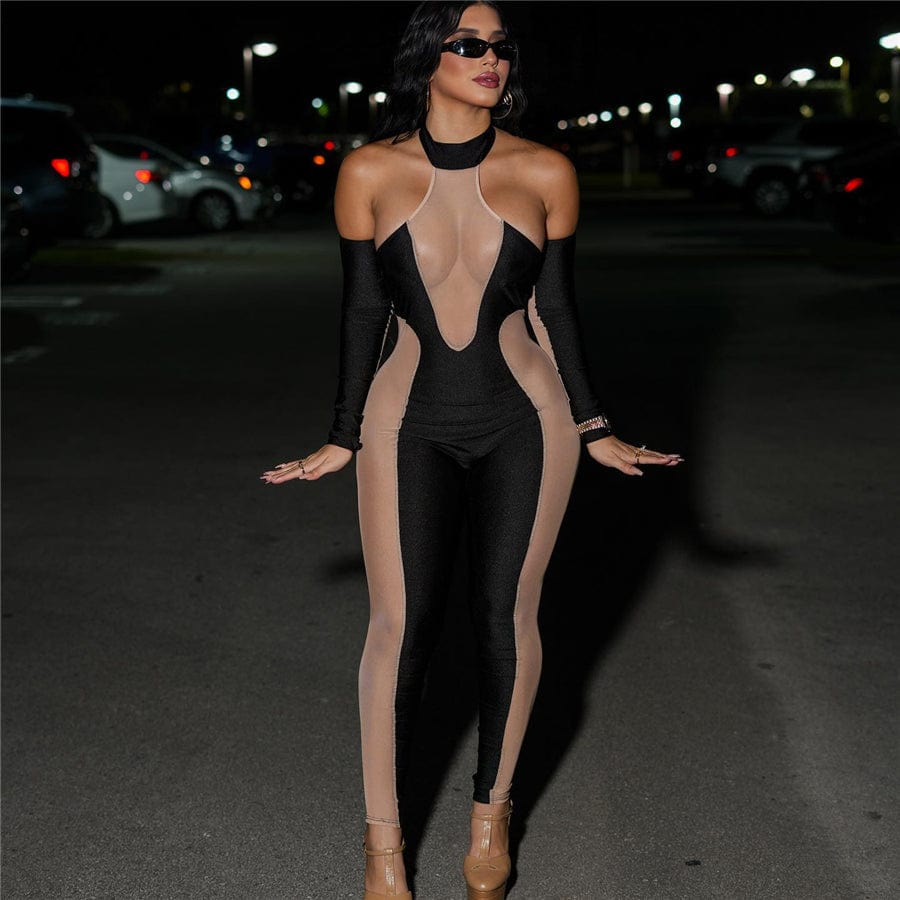 Kliou K22S23975 see through tight fit ladies jumpsuits removable sleeve bodycon sexy mesh jumpsuit