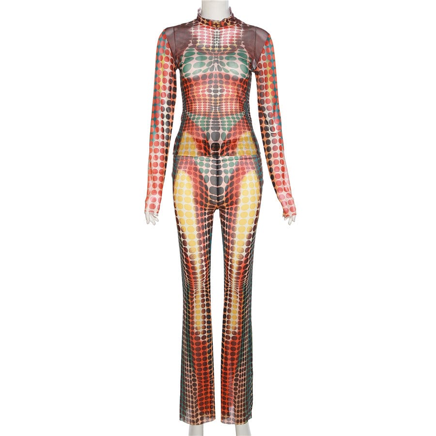 Kliou K22S24250 Fashion Street women's suit Long Sleeve Skinny Tops+ High Waist Straight Pants Mesh Dot Print2 Piece set women