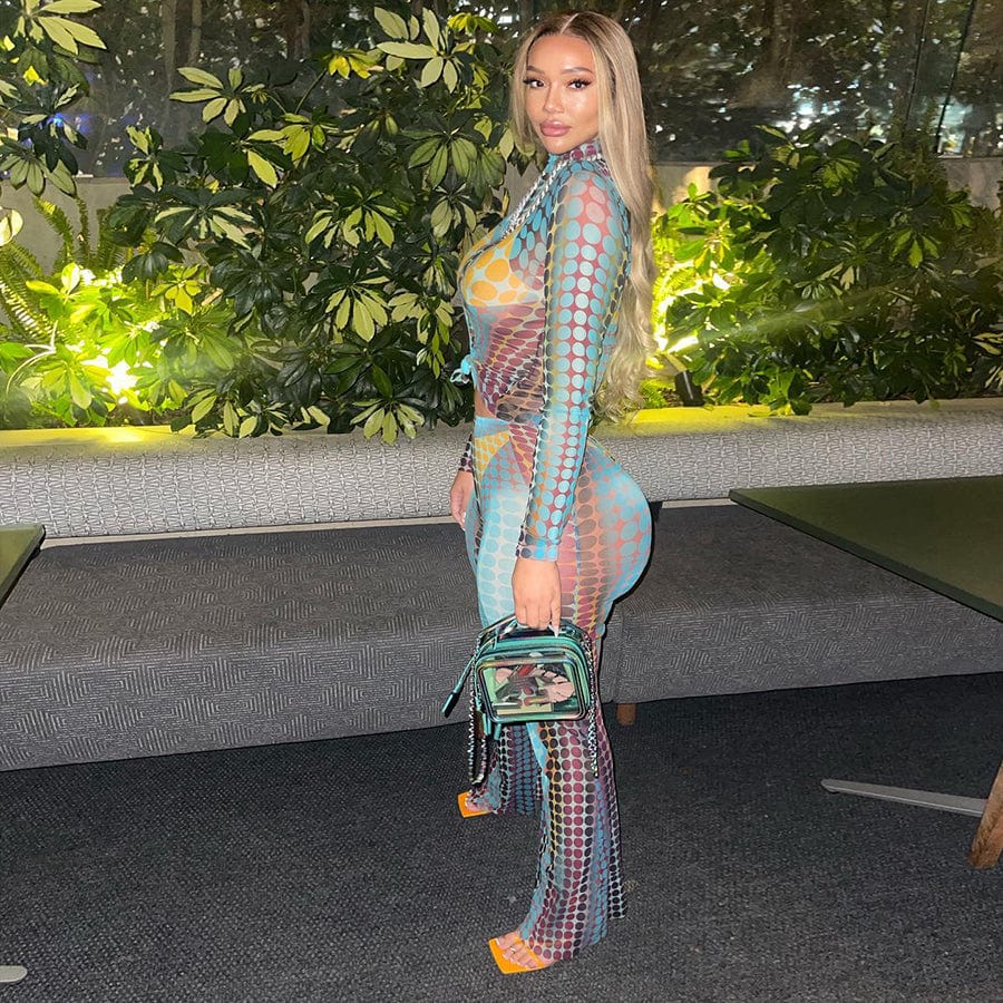 Kliou K22S24250 Fashion Street women's suit Long Sleeve Skinny Tops+ High Waist Straight Pants Mesh Dot Print2 Piece set women