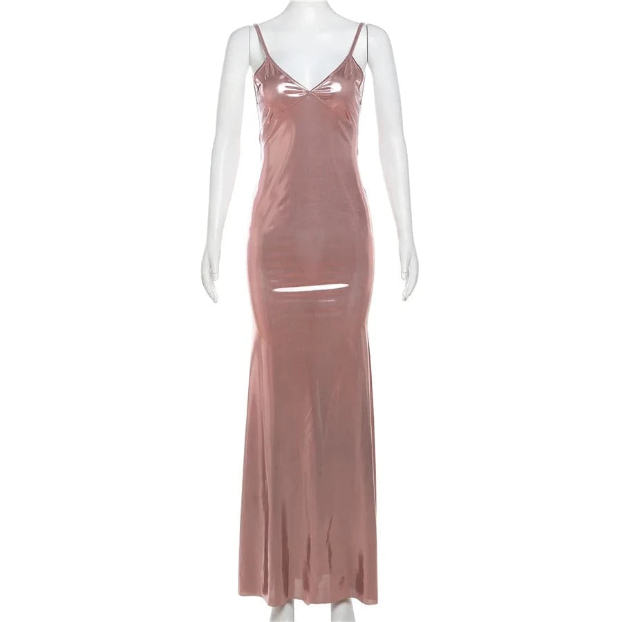 Kliou K23D40580 Elegant Sexy Low Neck Backless Dress Evening Party Female Dress Silk Shiny Maxi Dress Ladies